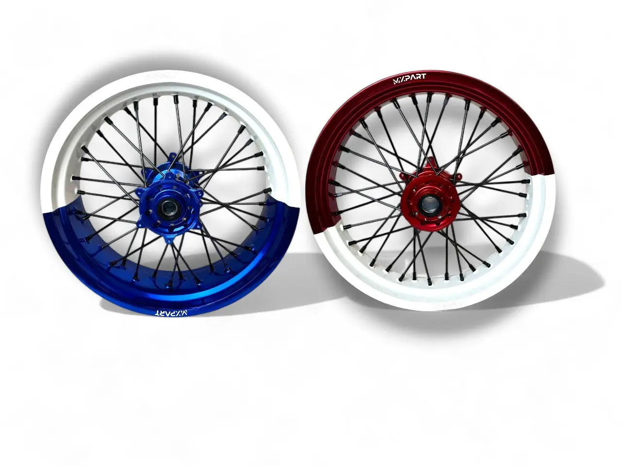 Jantes Supermotard MXPART effet bicolore bleu et bordeaux, montage plug & play