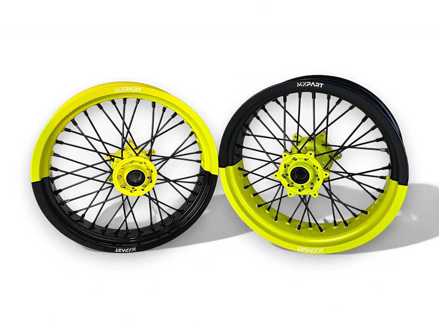 Paire de jantes MXPART Supermotard personnalisées jaune et noir avec moyeux usinés