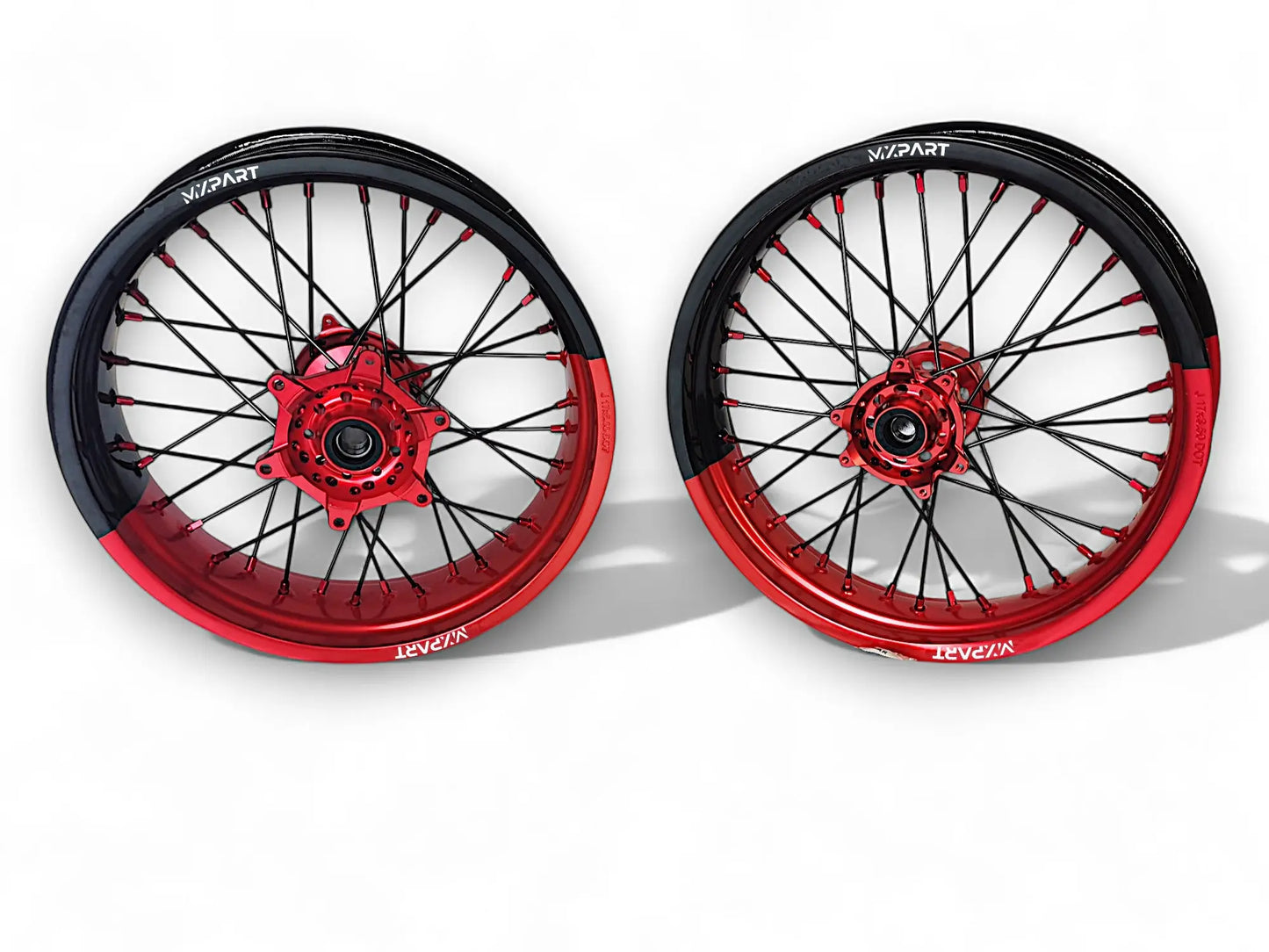 Paire de jantes Supermotard MXPART personnalisées rouge et noir avec rayons renforcés
