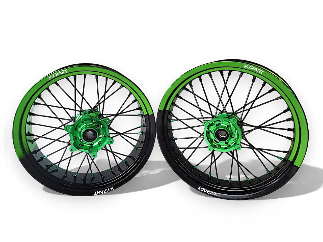Jantes MXPART bicolores vertes et noires pour Supermotard, prêtes à monter