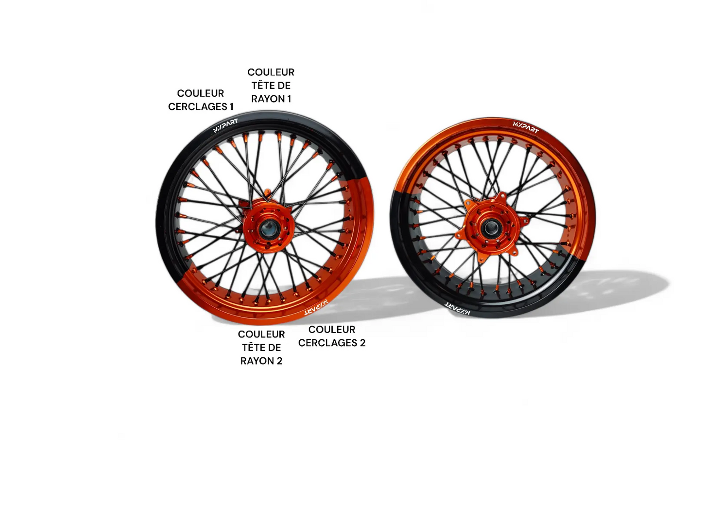 Comparatif dimensions et visuels jantes MXPART bicolores personnalisables pour Supermotard