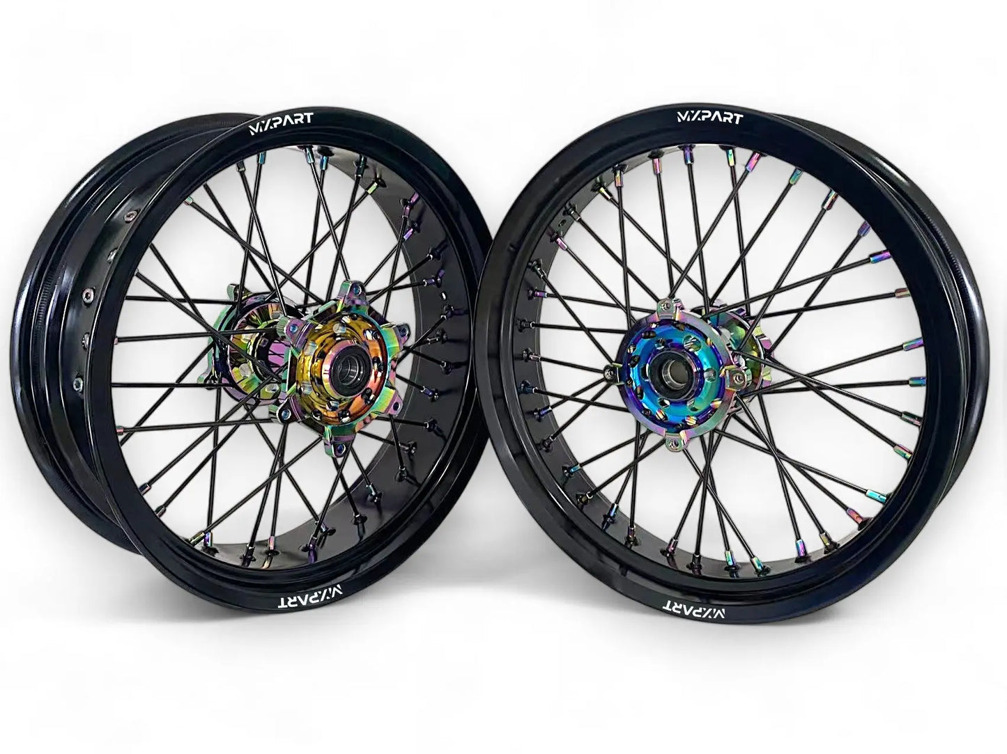 Paire de jantes Supermotard MXPART® noires avec moyeux et rayons effet fuel