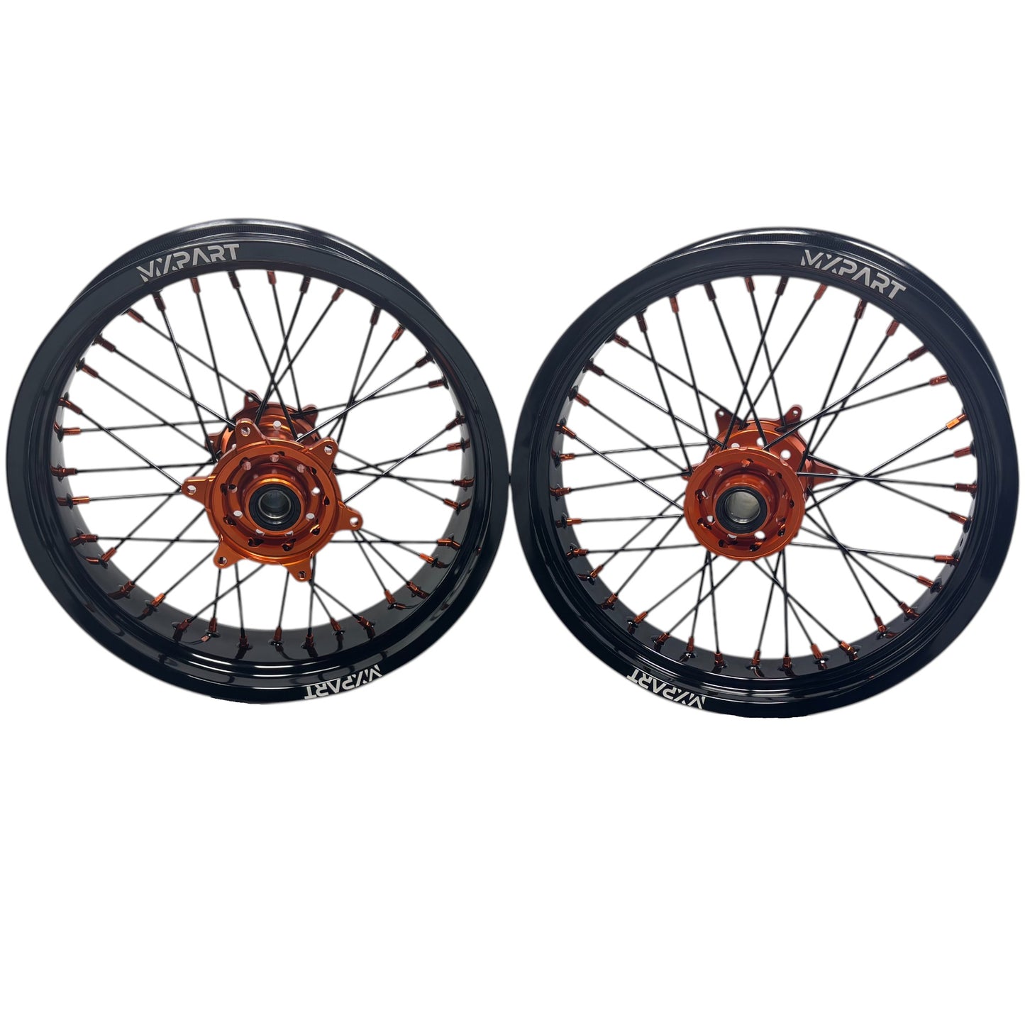 Paire de jantes Supermotard MXPART® noires avec moyeux orange et rayons noirs