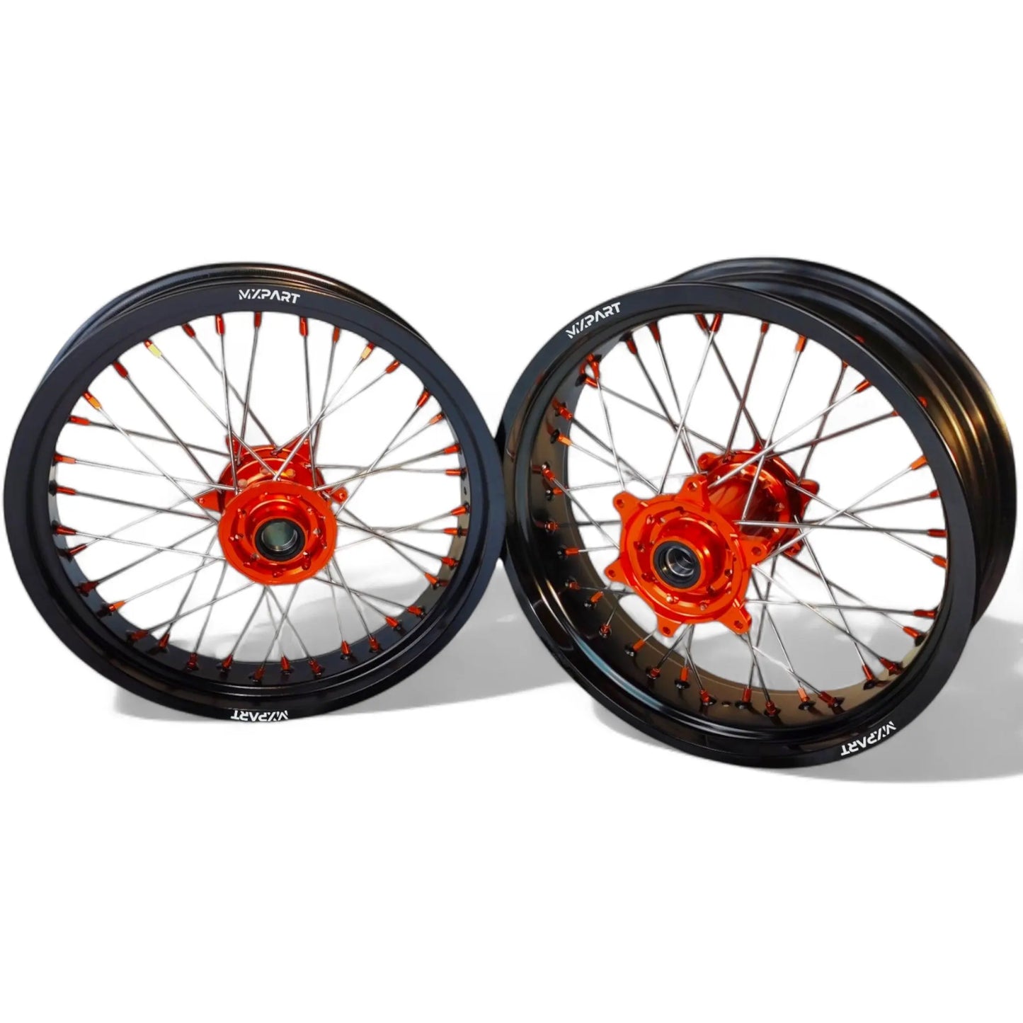 Paire de jantes Supermotard MXPART® noires avec moyeux orange et rayons noirsnoirs