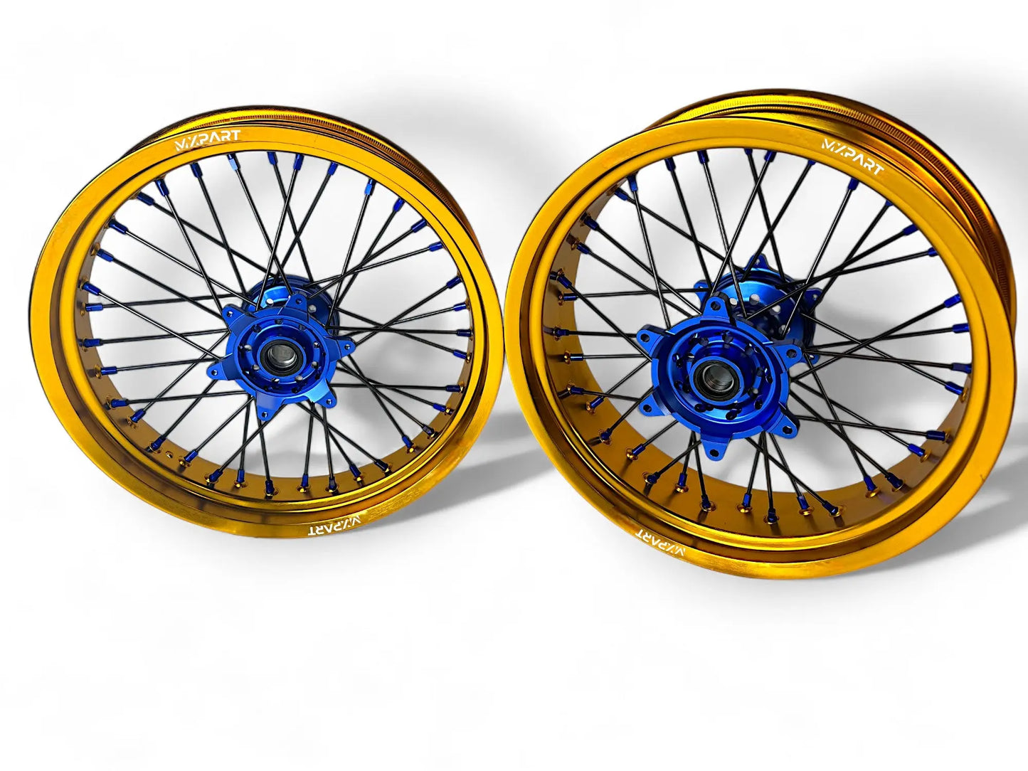 Paire de jantes Supermotard MXPART® dorées avec moyeux bleus