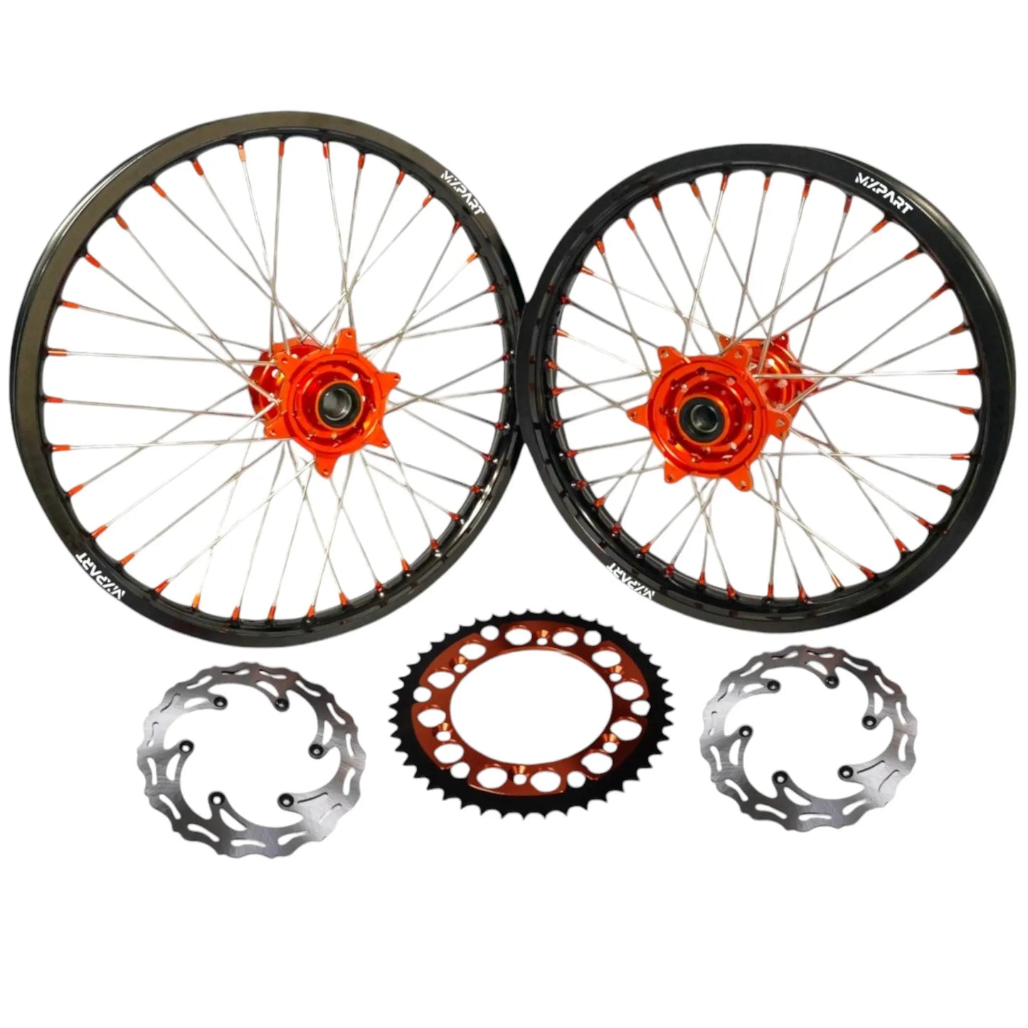 Kit jantes Cross Enduro MXPART avec disques, couronne et patte de déport, couleur noire et orange