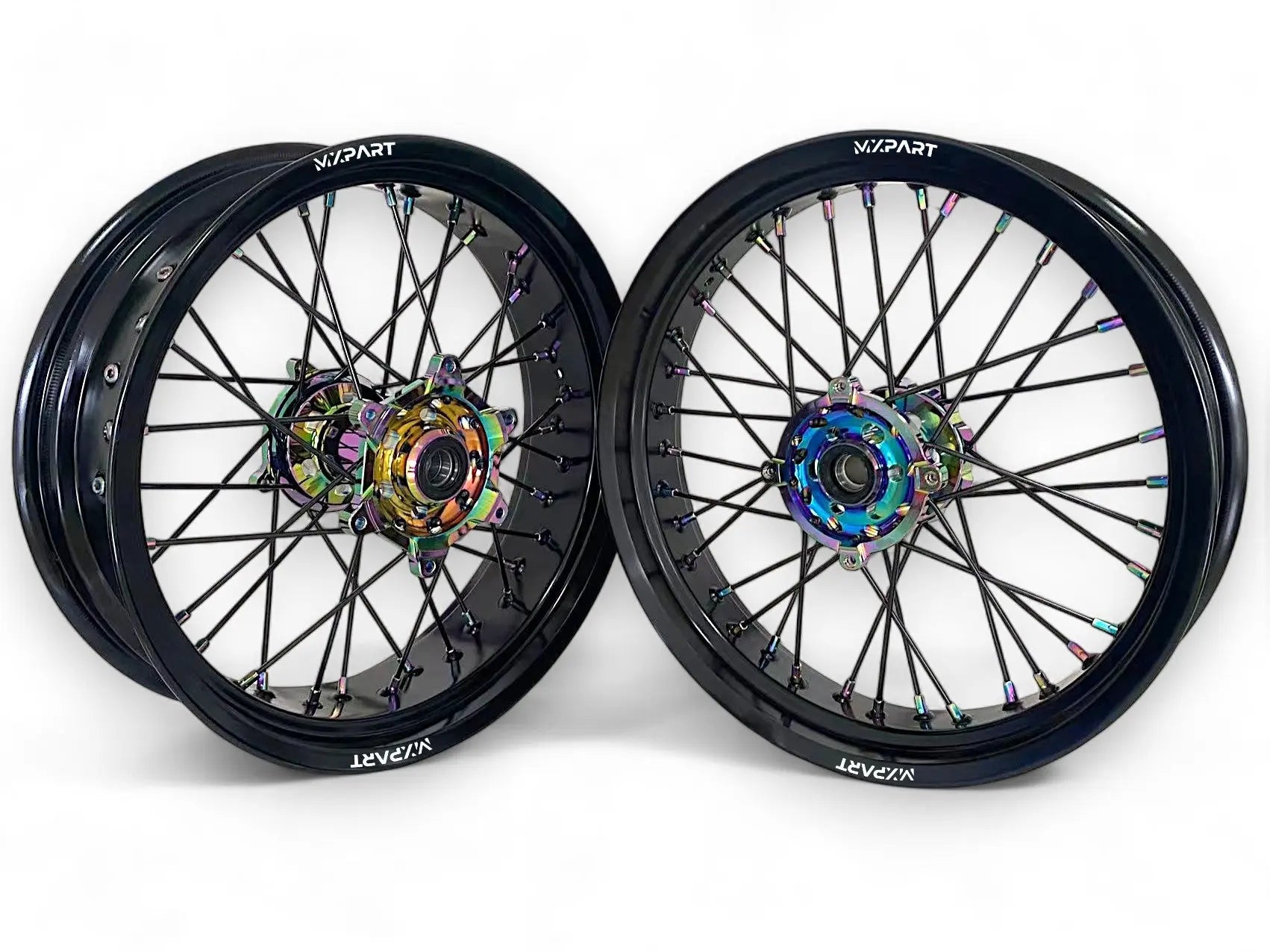 Paire de jantes Supermotard MXPART® noires avec moyeux et rayons effet fuel