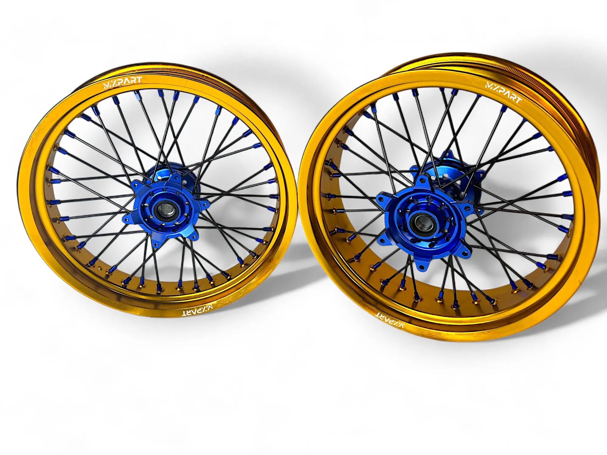 Paire de jantes Supermotard MXPART® dorées avec moyeux bleus