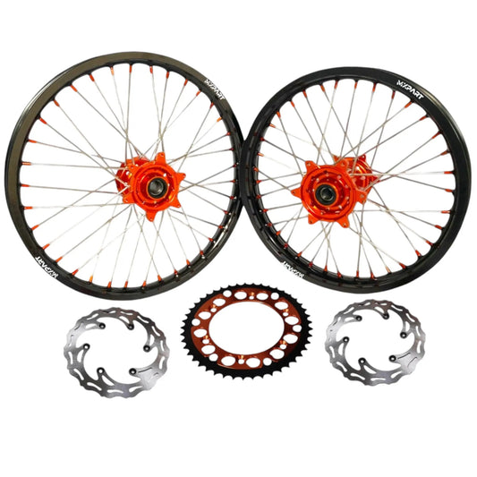Kit jantes Cross Enduro MXPART avec disques, couronne et patte de déport, couleur noire et orange