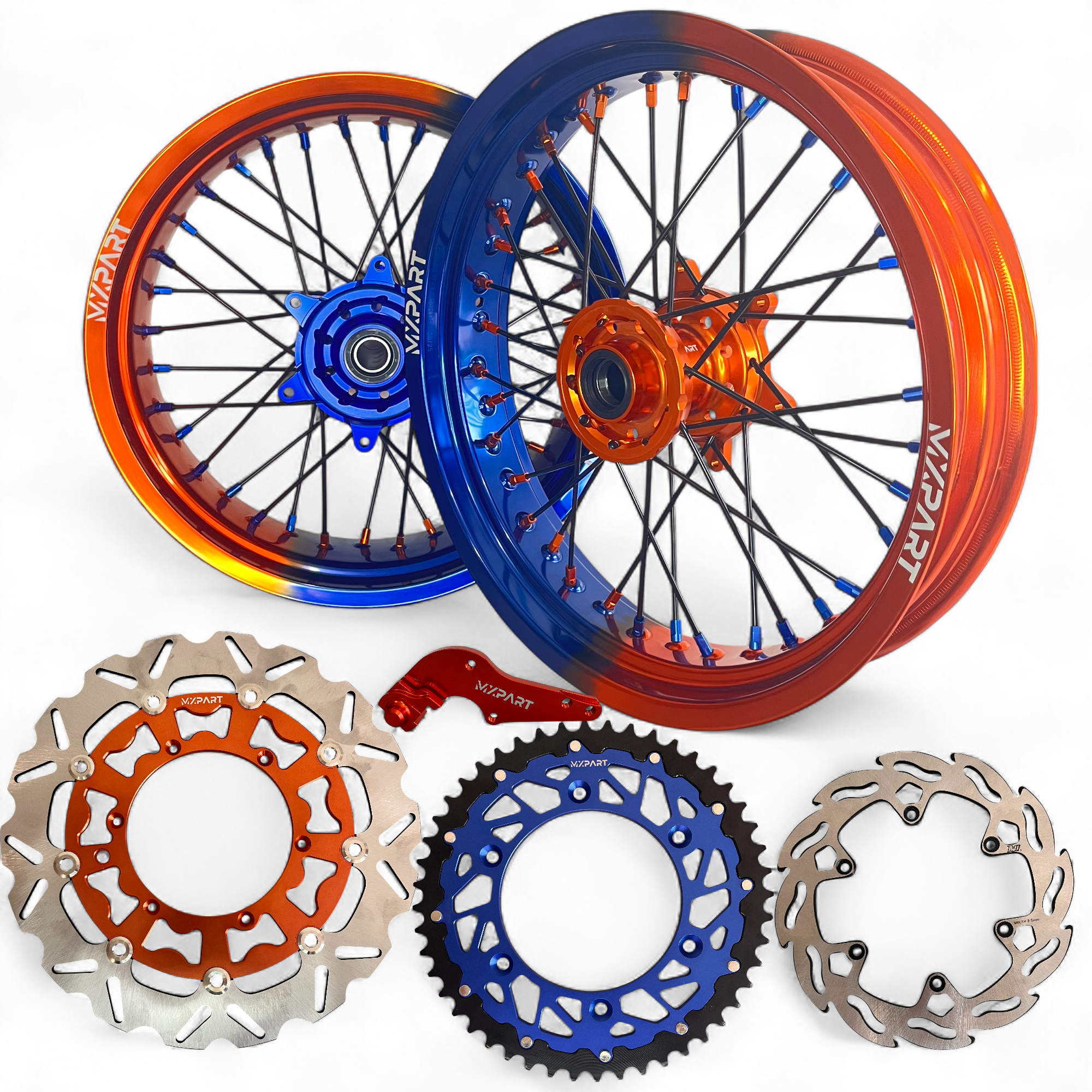 Kit complet Supermotard MXPART bicolore dégradé avec disques, couronne et jantes personnalisées