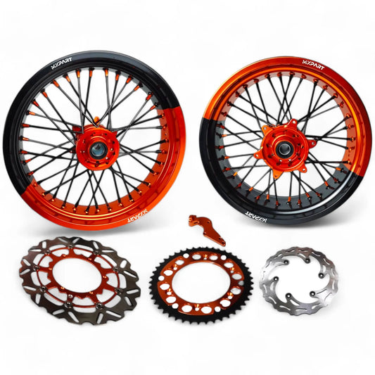 Kit Supermotard MXPART bicolore avec jantes personnalisées, disques, couronne et patte de déport