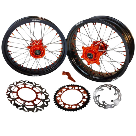 Kit complet jantes Supermotard MXPART personnalisable avec cerclages aluminium, disques, couronne et patte de déport